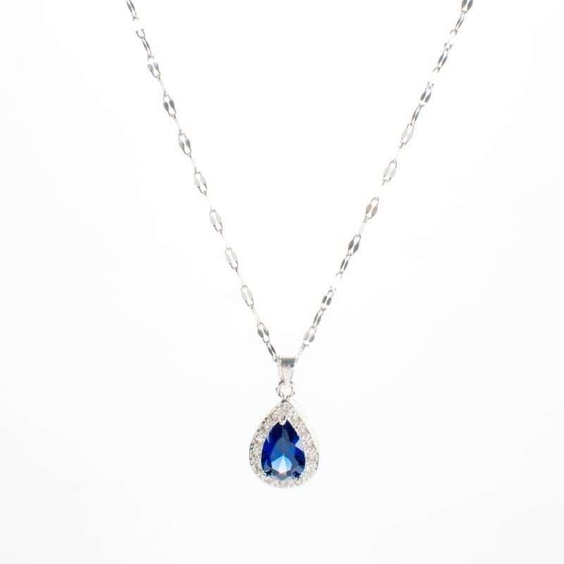 سلسلة أستانليس ستيل فضي مع دلاية شكل قطرة مياه زرقاء مرصعة بفصوص الزيركون - Image 2