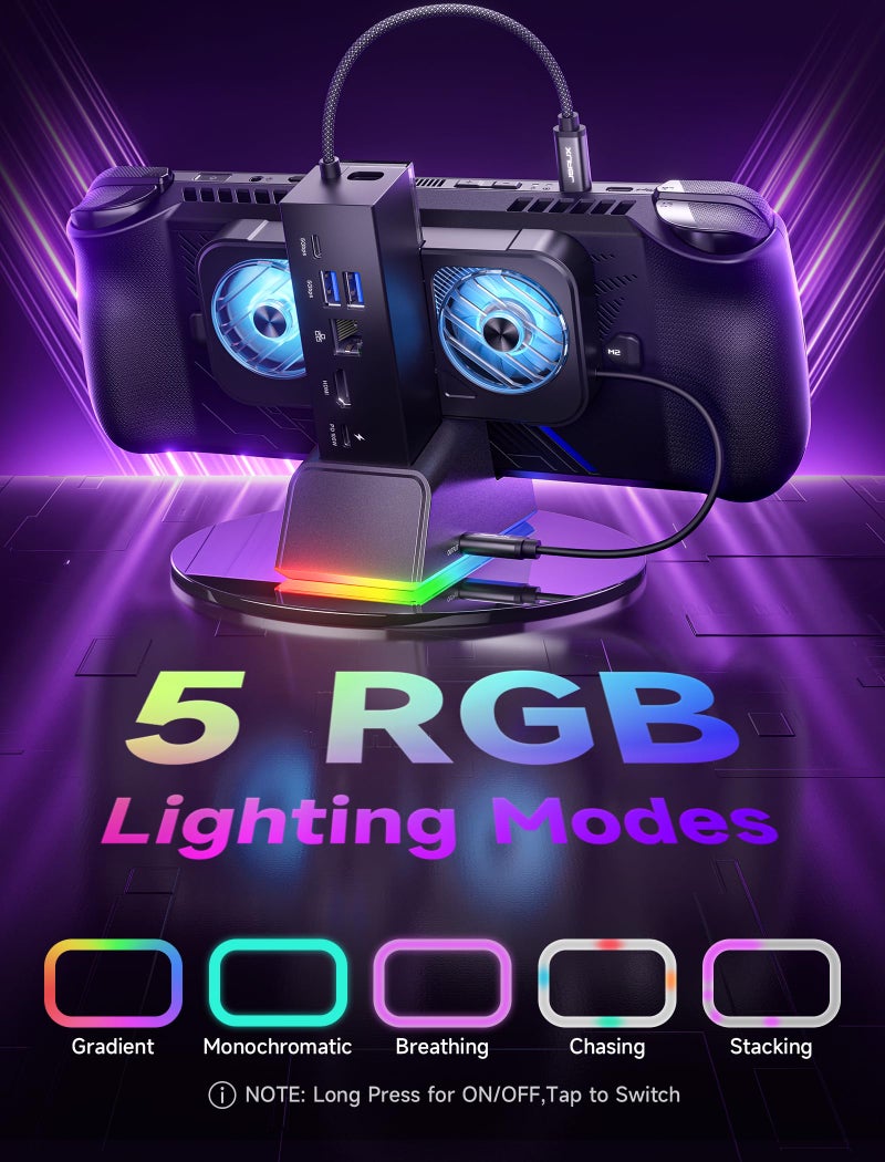 JSAUX Docking Station for ROG Ally X/ROG Ally/Steam Deck/Legion Go, 7-in-1 ROG Ally X Dock with RGB Cooling Fan, HDMI 4K@120Hz, Gigabit Ethernet, Dual USB & USB C 3.0, 100W PD Charging - HB0705 - Image 3