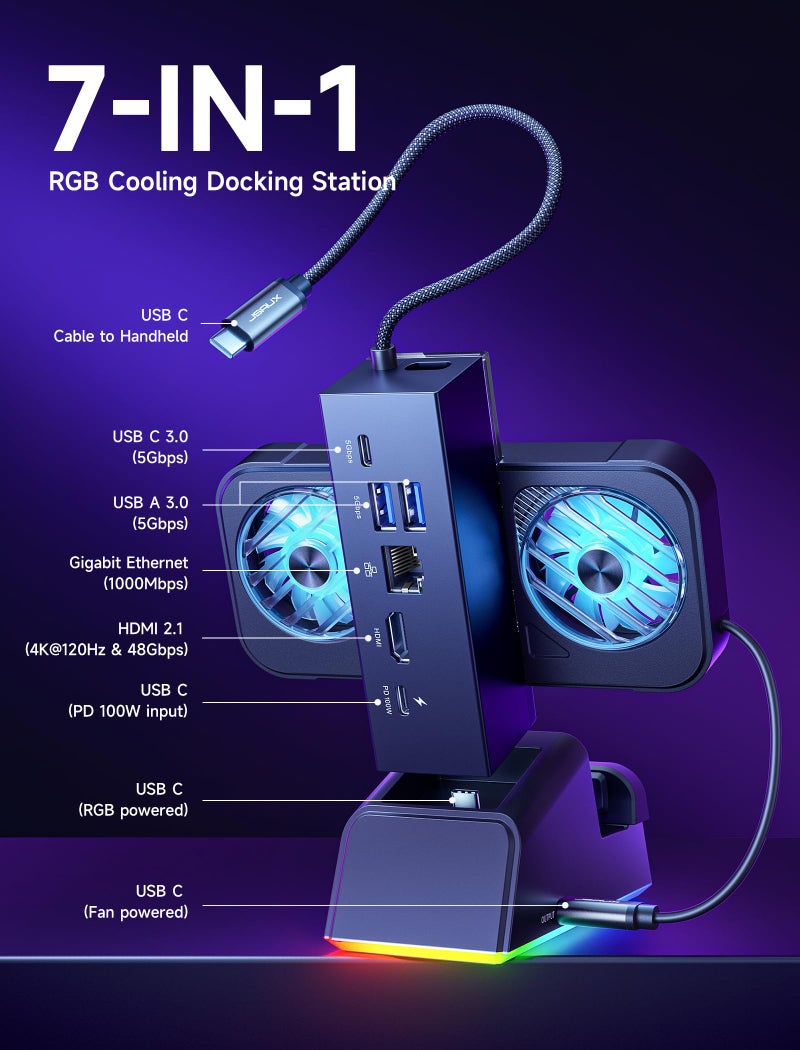 JSAUX Docking Station for ROG Ally X/ROG Ally/Steam Deck/Legion Go, 7-in-1 ROG Ally X Dock with RGB Cooling Fan, HDMI 4K@120Hz, Gigabit Ethernet, Dual USB & USB C 3.0, 100W PD Charging - HB0705 - Image 4