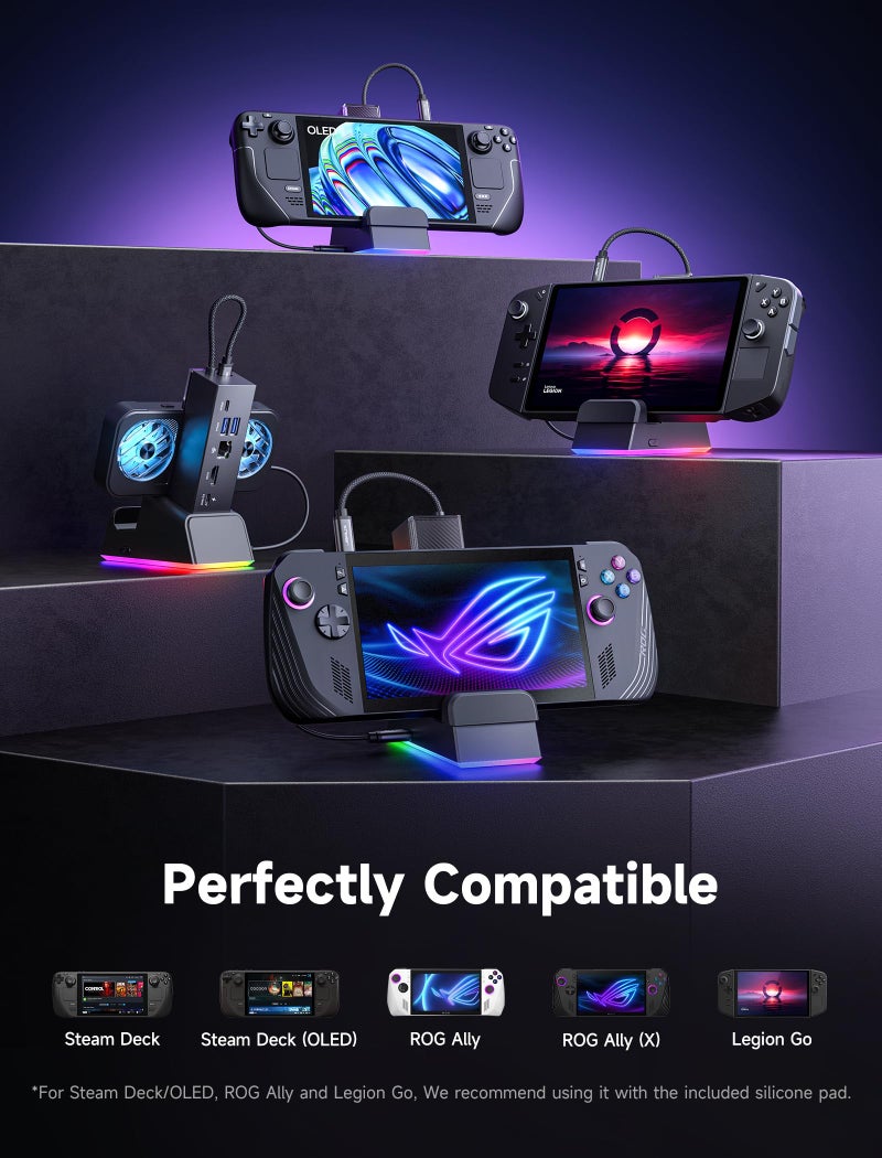 JSAUX Docking Station for ROG Ally X/ROG Ally/Steam Deck/Legion Go, 7-in-1 ROG Ally X Dock with RGB Cooling Fan, HDMI 4K@120Hz, Gigabit Ethernet, Dual USB & USB C 3.0, 100W PD Charging - HB0705 - Image 5