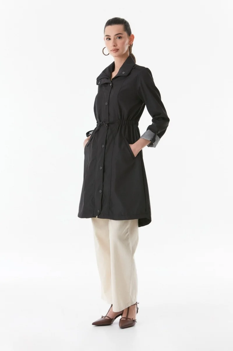 FullaModa Trench Coat with Folded Sleeves and Elastic Waist