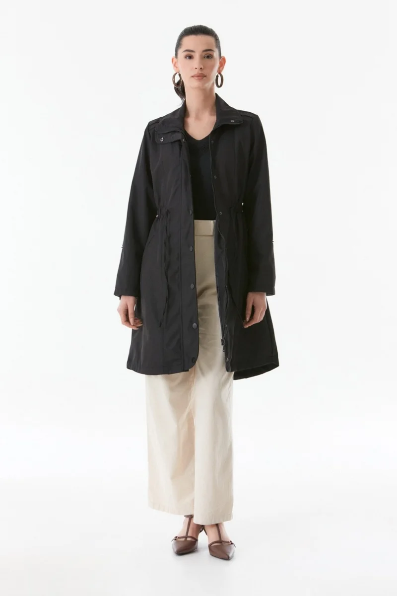 FullaModa Trench Coat with Folded Sleeves and Elastic Waist