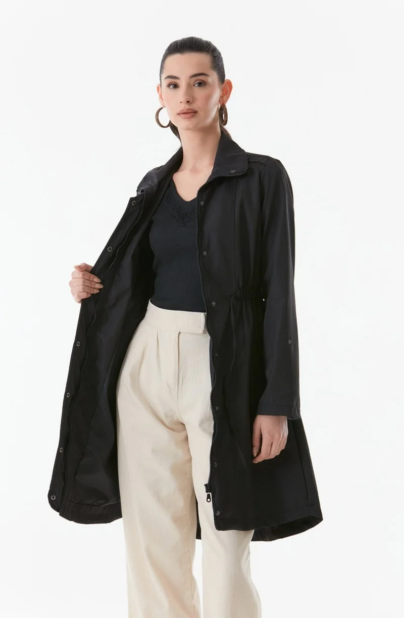 FullaModa Trench Coat with Folded Sleeves and Elastic Waist
