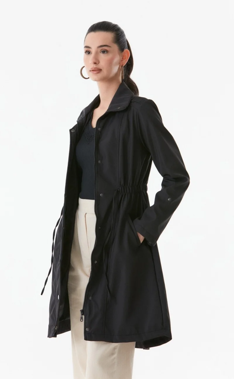 FullaModa Trench Coat with Folded Sleeves and Elastic Waist