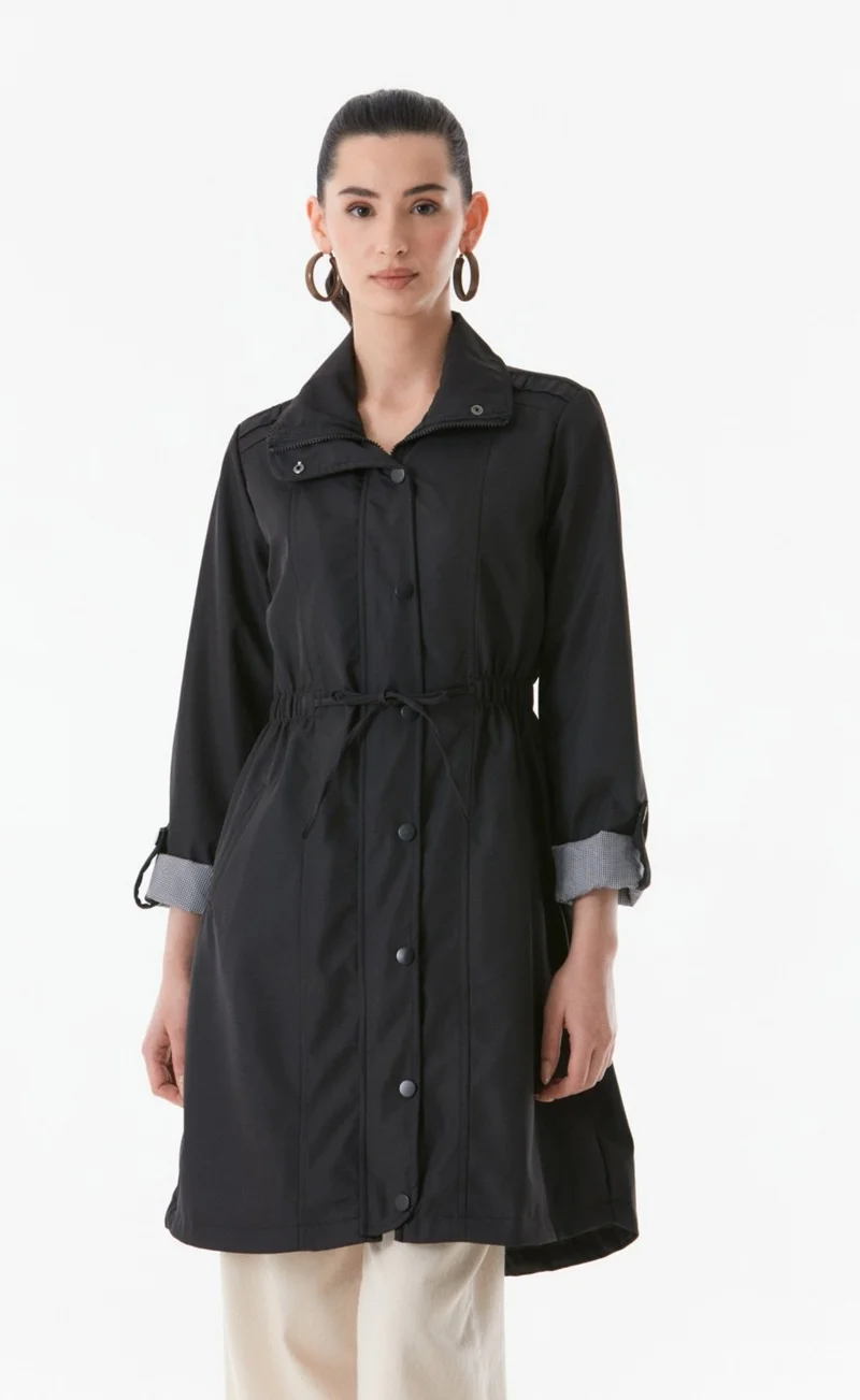 FullaModa Trench Coat with Folded Sleeves and Elastic Waist