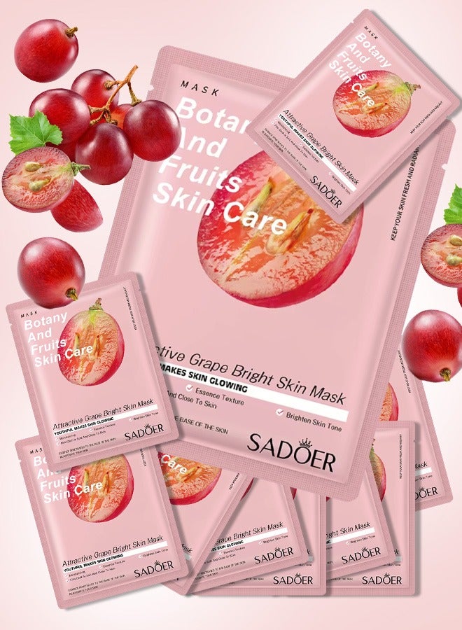 SADOER 10 Pcs Attractive Grape Bright Skin Mask Set Botany and Fruits Skin Care Sheet Facial Mask Moisturizing Hydrating Skin Tone Soft Texture Face Mask Sheet for Women and Men Skincare Youthful Skin Glowing Masks - Image 1