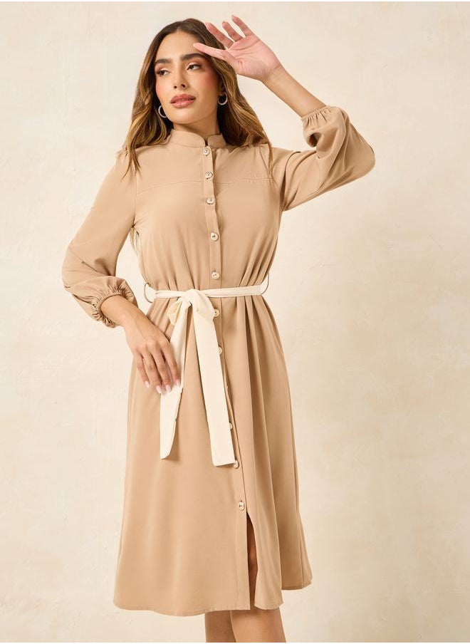 Styli Mandarin Collar Contrast Self Tie Up Midi Dress  - Image 2