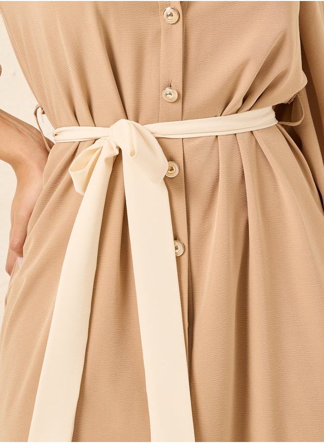 Styli Mandarin Collar Contrast Self Tie Up Midi Dress  - Image 3