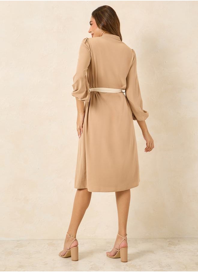 Styli Mandarin Collar Contrast Self Tie Up Midi Dress  - Image 4