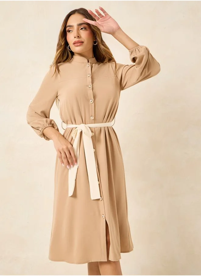 ستايلي Mandarin Collar Contrast Self Tie Up Midi Dress