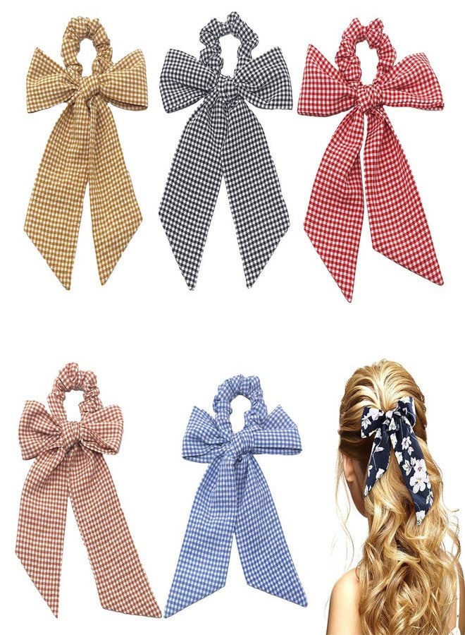 DINPREY 5Pcs Bow Hair Scrunchies, Polka Dot Scarf Hair Bow, Chiffon Bow Hair Bands Hair Scarves for Women Girls (5 Colors Pack E) - Image 1