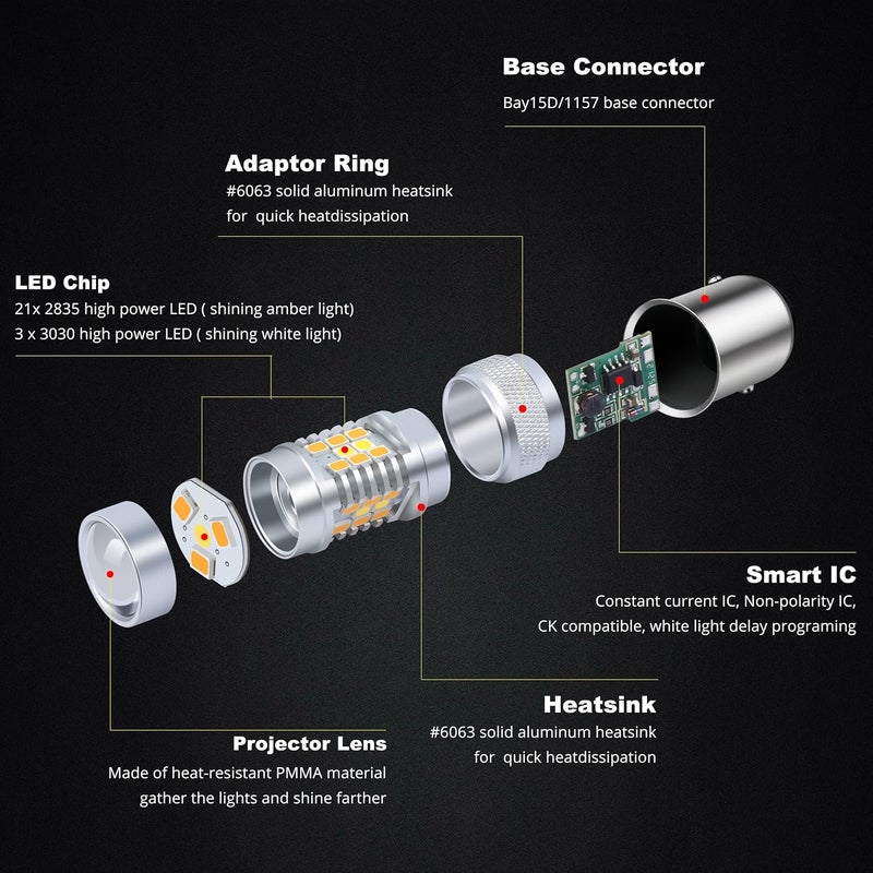 Alla Lighting BAY15D 1157 LED Switchback Bulb Turn Signal Lights - 6000K White/Amber Yellow Dual Color - Image 5