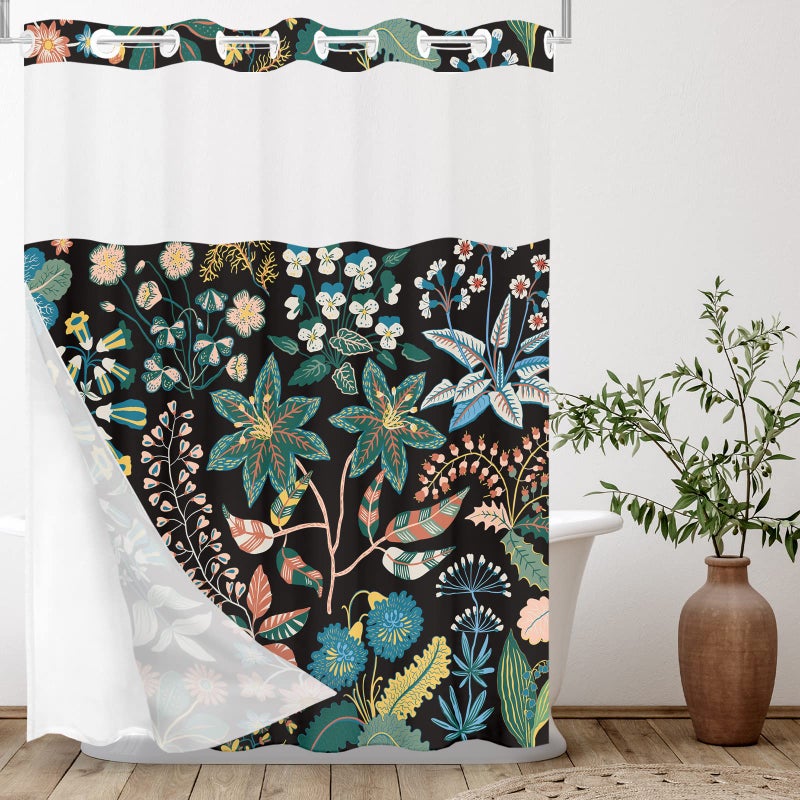 Tititex No Hooks Snap in Liner Black Rustic Floral Boho Shower Curtain Sets Hotel Luxury Double Layers Waterproof Fabric  SeeThrough Top Window Bathroom Decorative 72x72 Inch