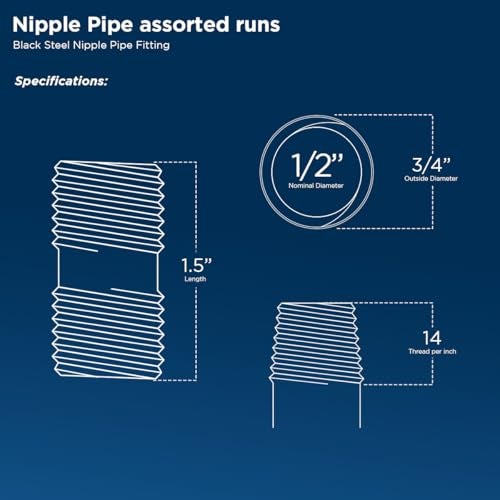 SupplyGiant 1/2 x 1.5 Inch Black Steel Pipe (10-Pack), Heavy Duty Industrial Malleable Iron Pipes, Pre Cut Threaded Nipple Great For All DIY Furniture And Black Pipe Shelving - Image 2