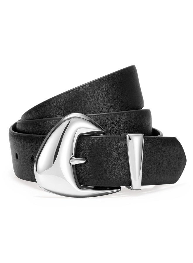 سوزدي حزام جلدي نسائي أنيق من SUOSDEY، حزام خصر من الجلد الناعم مع مشبك فضي مناسب للجينز والبنطلونات والفساتين، عرض 1.1 بوصة، حزام أسود - Image 1