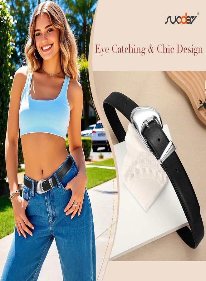 سوزدي حزام جلدي نسائي أنيق من SUOSDEY، حزام خصر من الجلد الناعم مع مشبك فضي مناسب للجينز والبنطلونات والفساتين، عرض 1.1 بوصة، حزام أسود - Image 2