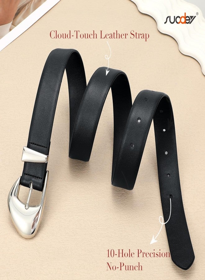 سوزدي حزام جلدي نسائي أنيق من SUOSDEY، حزام خصر من الجلد الناعم مع مشبك فضي مناسب للجينز والبنطلونات والفساتين، عرض 1.1 بوصة، حزام أسود - Image 3