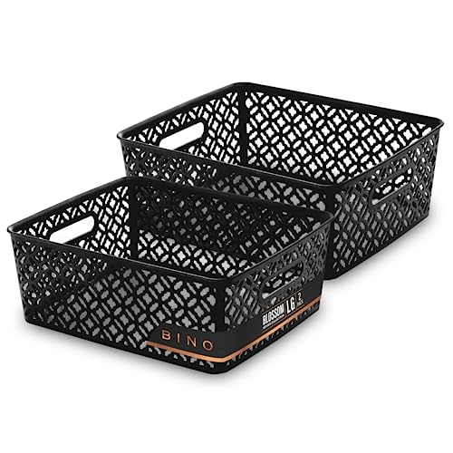 BINO l Plastic Storage Baskets, Large - Black | THE BLOSSOM COLLECTION l Multi-Use Organizer Bin l Built-in Handles l Plastic Woven Basket for Organizing l Pantry & Home Organizing Basket - Image 1