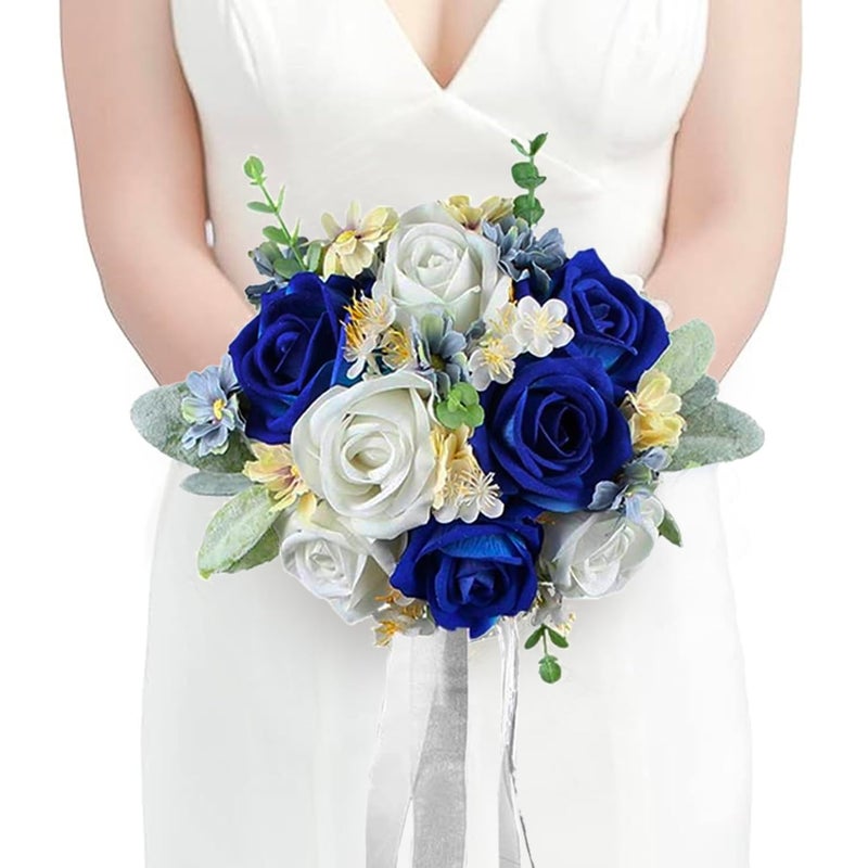 Rinlong 7 Blue Wedding Bouquet for Bride Bridesmaid Artificial Toss Bouquet Royal Navy Blue Silk Bridal Bouquet Wedding Prom Bouquets