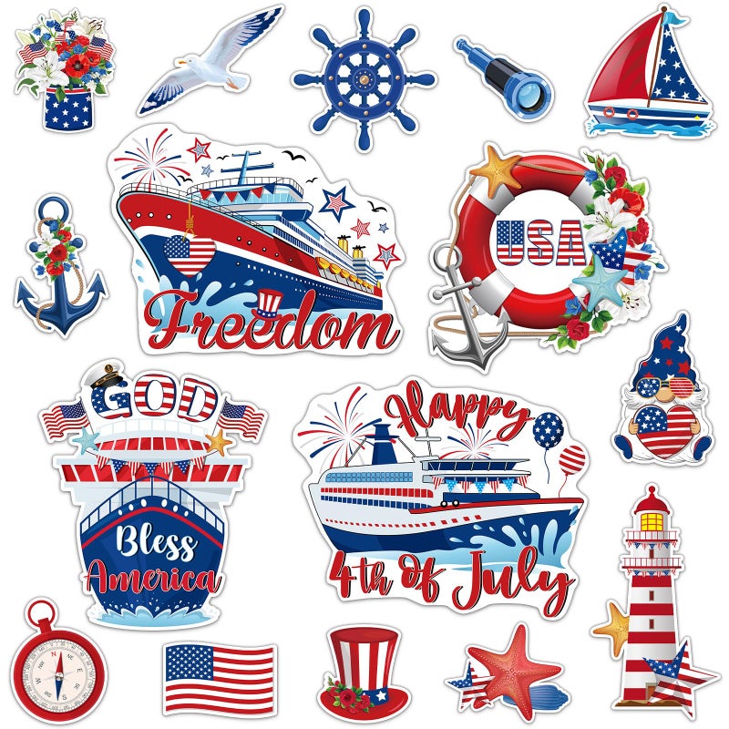 Capoda 16 Pcs 4th of July Cruise Door Magnets Decorations God Bless American Ship Car Refrigerator Magnets Stickers Cruise Door Fridge Magnet for Independence Day Home Cruise Car Party Supplies