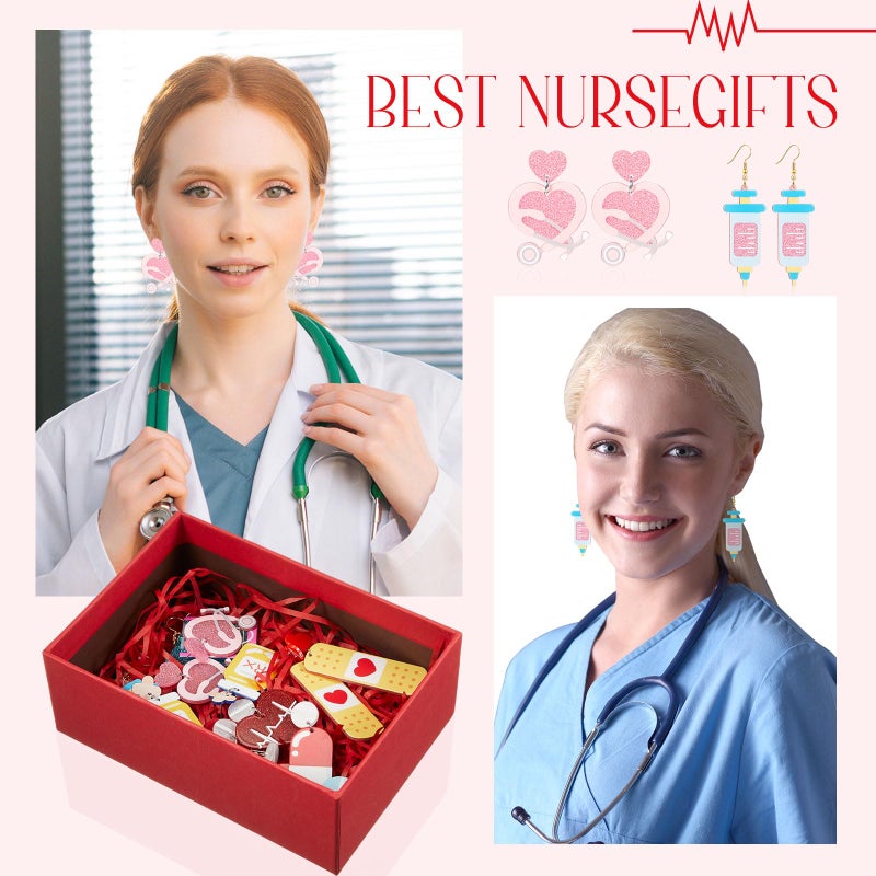Loetere 16 Pairs Valentine's Day Earrings Bulk for Women Acrylic Pink Red Heart Love XO Dangle Earrings Holiday Valentines Gifts(Nurse) - Image 4