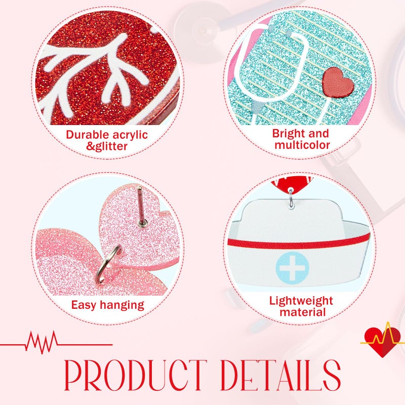 Loetere 16 Pairs Valentine's Day Earrings Bulk for Women Acrylic Pink Red Heart Love XO Dangle Earrings Holiday Valentines Gifts(Nurse) - Image 3