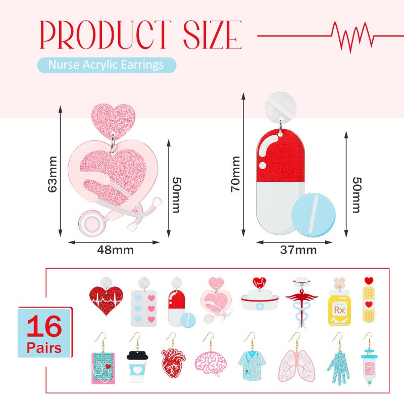 Loetere 16 Pairs Valentine's Day Earrings Bulk for Women Acrylic Pink Red Heart Love XO Dangle Earrings Holiday Valentines Gifts(Nurse) - Image 2
