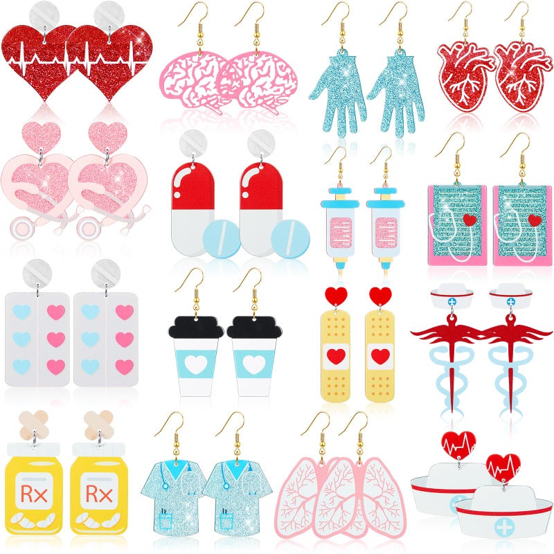 Loetere 16 Pairs Valentine's Day Earrings Bulk for Women Acrylic Pink Red Heart Love XO Dangle Earrings Holiday Valentines Gifts(Nurse) - Image 1