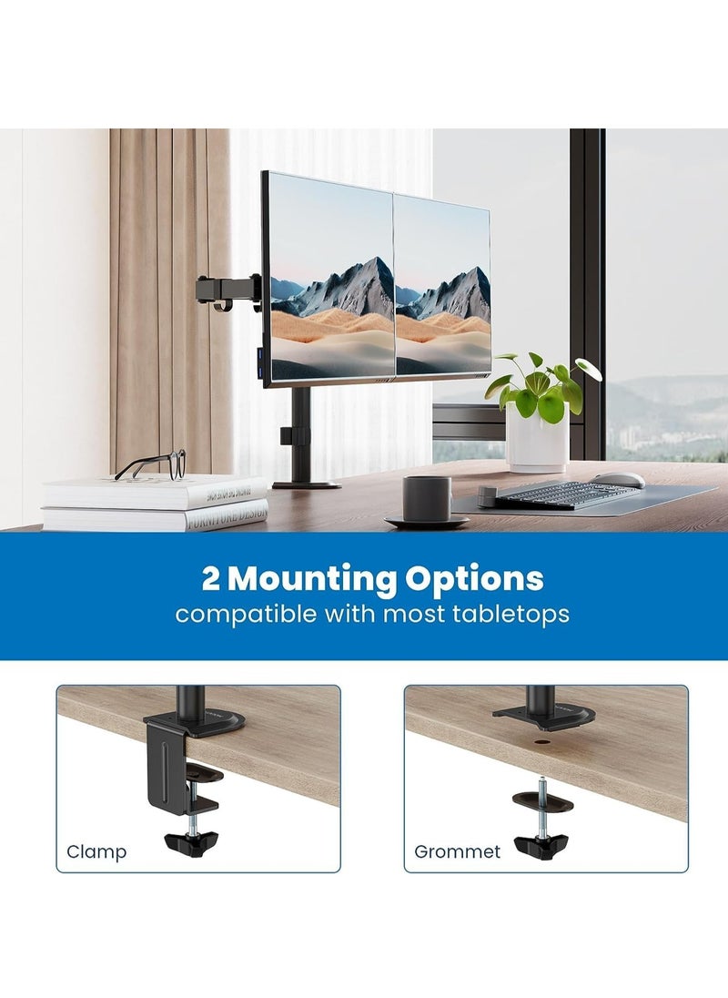 DMG TECH - DMG Dual Monitor Stand, Height Adjustable Spring Monitor Stand, Monitor Arm, Fully Adjustable Dual LCD Monitor Desktop Stand with Clip/Grommet Base, Each Arm Holds 27" Screen - Image 1