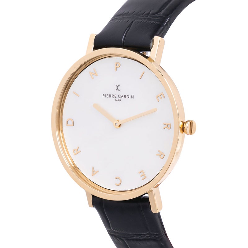 PIERRE CARDIN Women's Watch with Gold Metal Case and Black Leather Band - Image 2