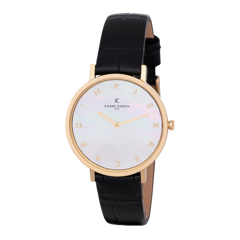 PIERRE CARDIN Women's Watch with Gold Metal Case and Black Leather Band - Image 1