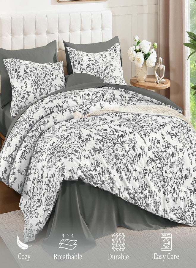 WONGS BEDDING طقم لحاف مقاس كوين من وونغز بيدينغ، 8 قطع، رمادي مزهر، طقم لحاف كامل من الألياف الدقيقة الناعمة والمنفوشة بنقشة نباتية، مناسب لجميع الفصول (90 بوصة × 90 بوصة). - Image 5