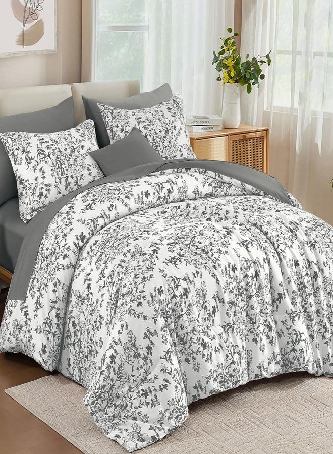 WONGS BEDDING طقم لحاف مقاس كوين من وونغز بيدينغ، 8 قطع، رمادي مزهر، طقم لحاف كامل من الألياف الدقيقة الناعمة والمنفوشة بنقشة نباتية، مناسب لجميع الفصول (90 بوصة × 90 بوصة). - Image 2