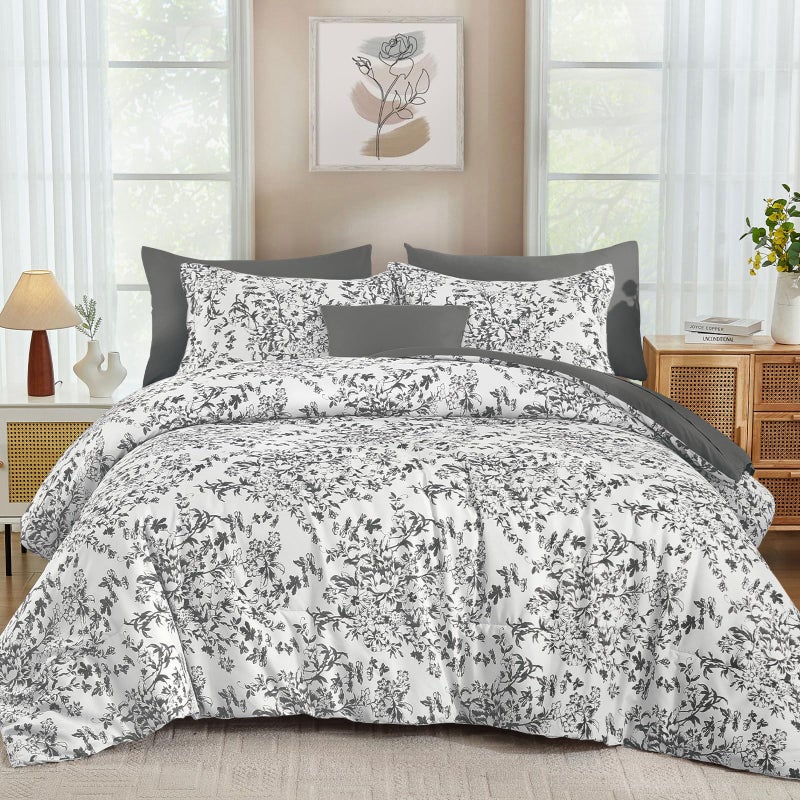 WONGS BEDDING طقم لحاف مقاس كوين من وونغز بيدينغ، 8 قطع، رمادي مزهر، طقم لحاف كامل من الألياف الدقيقة الناعمة والمنفوشة بنقشة نباتية، مناسب لجميع الفصول (90 بوصة × 90 بوصة). - Image 1