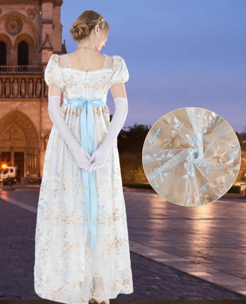 NSPSTT Golden Regency Dresses for Women Plus Size Victorian Ball Gown with Long White Gloves,blue, M - Image 4