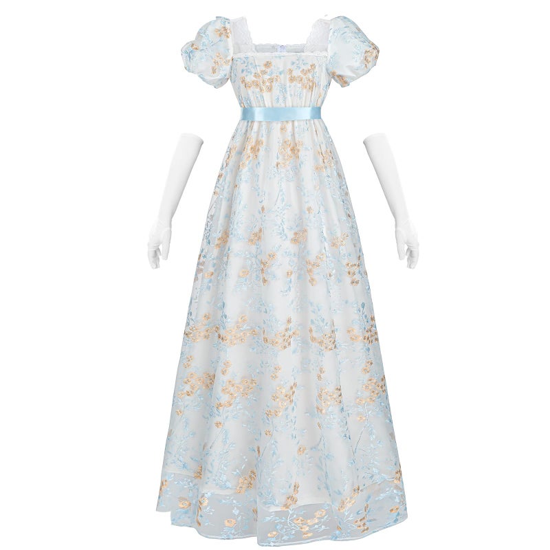 NSPSTT Golden Regency Dresses for Women Plus Size Victorian Ball Gown with Long White Gloves,blue, M - Image 1
