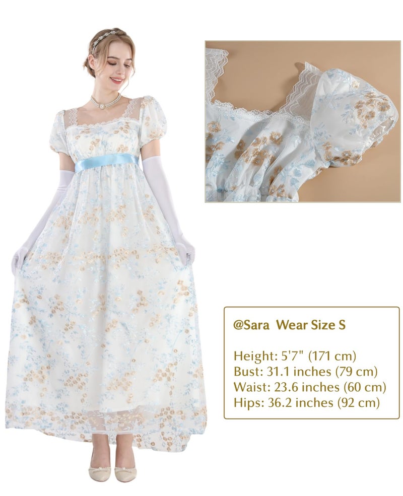 NSPSTT Golden Regency Dresses for Women Plus Size Victorian Ball Gown with Long White Gloves,blue, M - Image 3