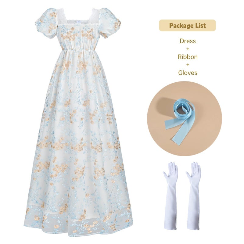 NSPSTT Golden Regency Dresses for Women Plus Size Victorian Ball Gown with Long White Gloves,blue, M - Image 2