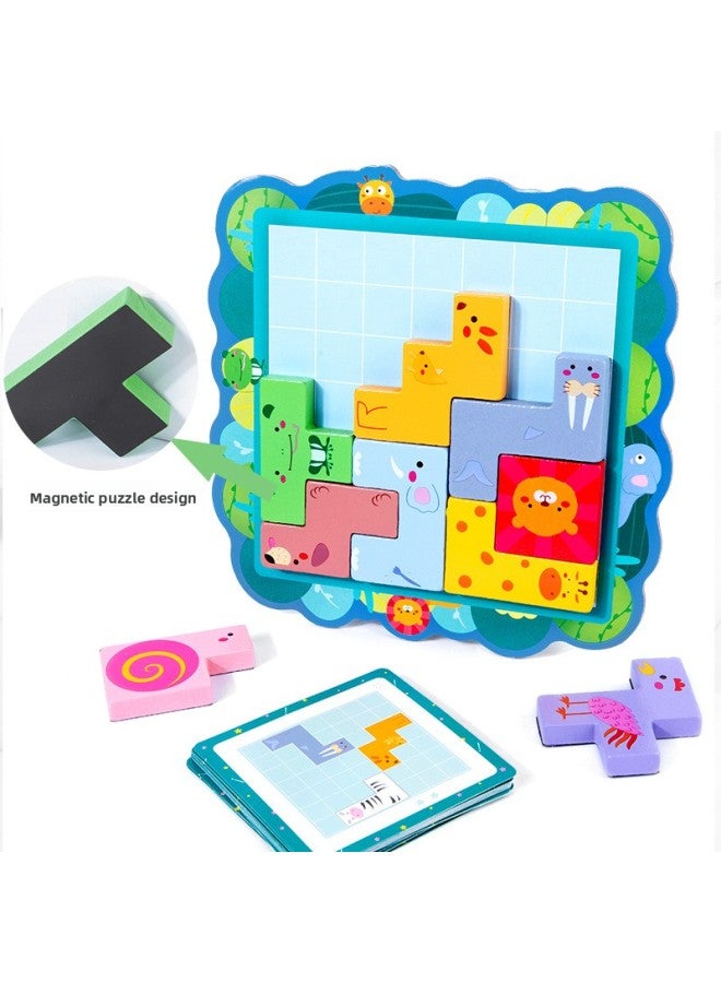 Magnetic Cartoon Animal Tetris Puzzle Children's Educational Early Education Geometric Puzzle Wooden Toys-Color:Magnetic Animal Tetris - Image 2