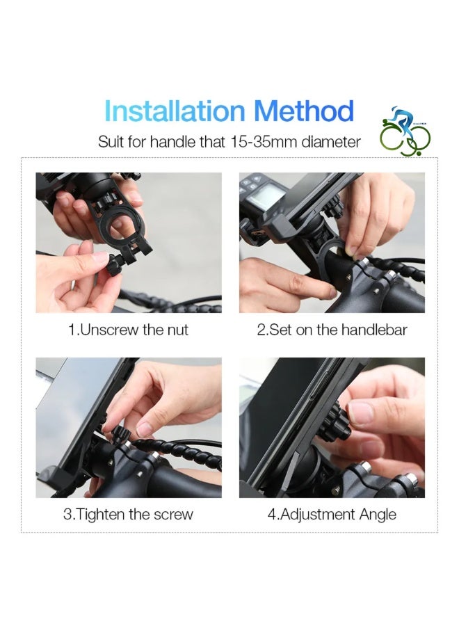 محمد أبو الجوخ حامل هاتف دوّار 360° للدراجة والموتوسيكل من Abo ElGoukh – حامل هاتف أسود متين مع دوران كامل يسمح بضبط زاوية المشاهدة بأفضل وضع. مشبك عالمي يمتد ليتناسب مع معظم الهواتف الذكية (من 4 إلى 7 بوصات)، مناسب أثناء ركوب الدراجات، السكوتر أو الدراجات النارية. متوفر بنسختين: من سبائك الألومنيوم خفيفة الوزن أو من البلاستيك المتين لتلبية رغبتك وتناسب نمط القيادة. آلية قفل مقاومة للصدمات والرياح تحافظ على ثبات الهاتف حتى على الطرق الوعرة. يحتوي على بطانات سيليكون مانعة للانزلاق لحماية الجهاز. المشبك سهل التثبيت على مقابض بقطر 22–32 مم ويفك بسرعة. الهيكل مقاوم للمطر والغبار. هدية مثالية للراكبين الذين يستخدمون GPS أو المكالمات أو البث أثناء الركوب – استمتع براحة الاتصال بدون استخدام اليدين وجودة موثوقة من Abo ElGoukh. - Image 3