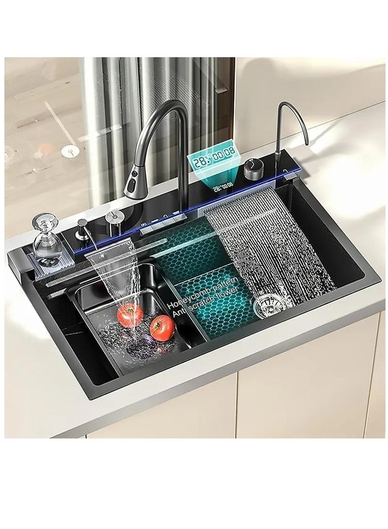 YD Waterfall Kitchen Sink Black Single Bowl Smart Sinks Stainless Steel Farmhouse Workstation Sink Bar Sink, Drop-In/Undermount with Accessories - Image 1