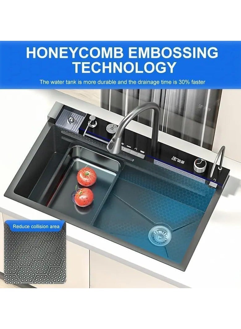 YD Waterfall Kitchen Sink Black Single Bowl Smart Sinks Stainless Steel Farmhouse Workstation Sink Bar Sink, Drop-In/Undermount with Accessories - Image 2