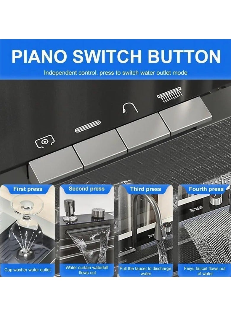 YD Waterfall Kitchen Sink Black Single Bowl Smart Sinks Stainless Steel Farmhouse Workstation Sink Bar Sink, Drop-In/Undermount with Accessories - Image 3