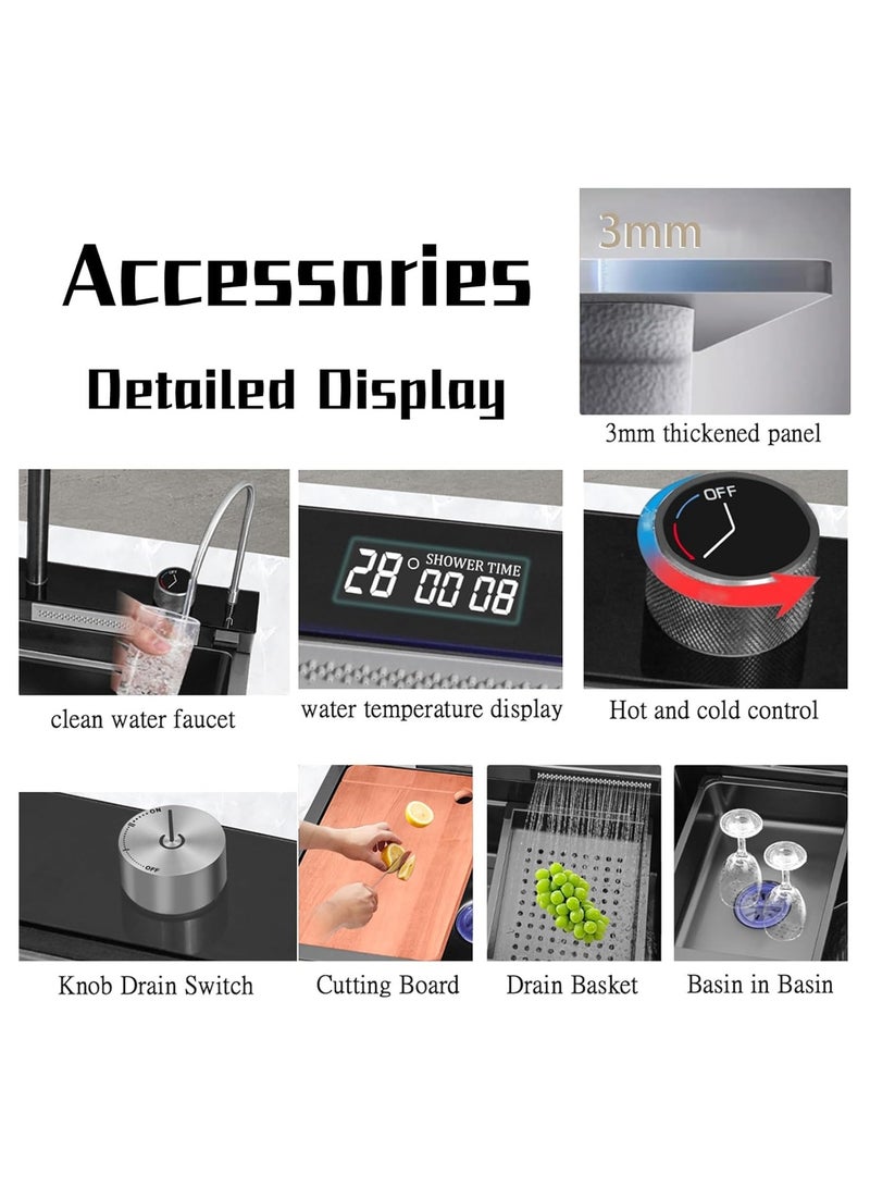 YD Waterfall Kitchen Sink Black Single Bowl Smart Sinks Stainless Steel Farmhouse Workstation Sink Bar Sink, Drop-In/Undermount with Accessories - Image 5