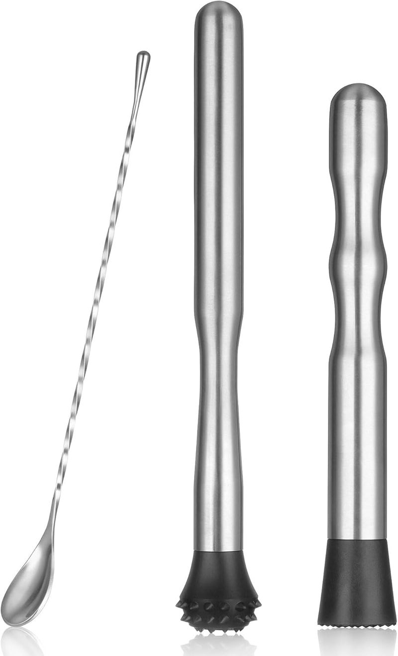 LEGERM 8'' & 12" Stainless Steel Cocktail Muddler & Long Handle Mixing Spoon Set - Professional Bar Tools for Mojitos, Fruit Drinks & Craft Cocktails | Heavy-Duty Stirring & Muddler Kit - Image 1