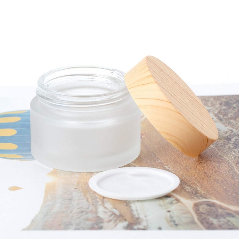 Healthcom 10 Pcs 5 Grams/5 ML Empty Frosted Glass Cream Jars Bottle Vials with Wood Grain Lid Lotion Jars Cosmetic Comtainers Refillable Glass Cream Box Jar Pot for Makeup Lotion Lip Balm Eye Cream - Image 3