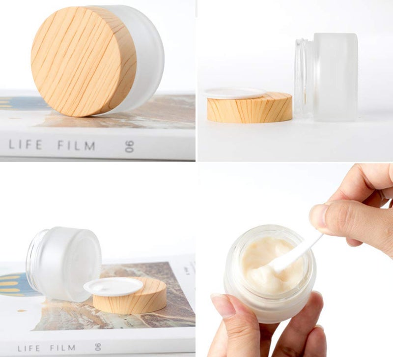 Healthcom 10 Pcs 5 Grams/5 ML Empty Frosted Glass Cream Jars Bottle Vials with Wood Grain Lid Lotion Jars Cosmetic Comtainers Refillable Glass Cream Box Jar Pot for Makeup Lotion Lip Balm Eye Cream - Image 4