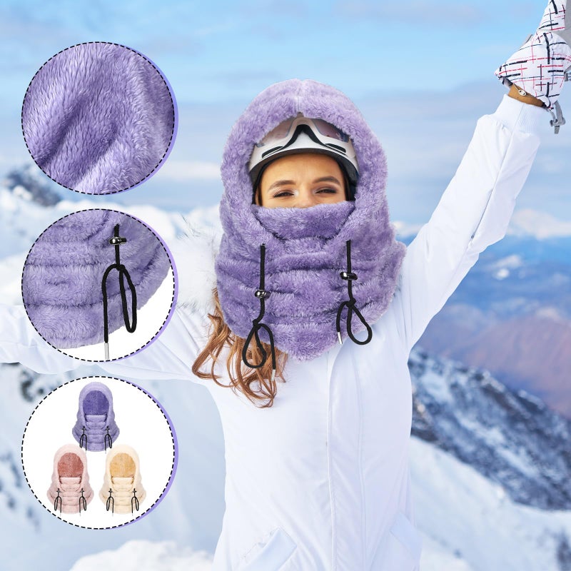 Velmitten 3 Pcs Over Helmet Balaclava Ski Mask Men Women Balaclava Windproof Fuzzy Face Mask Neck Warmer Scarf Helmet Hood(Wool,Beige, Pink, Purple) - Image 3