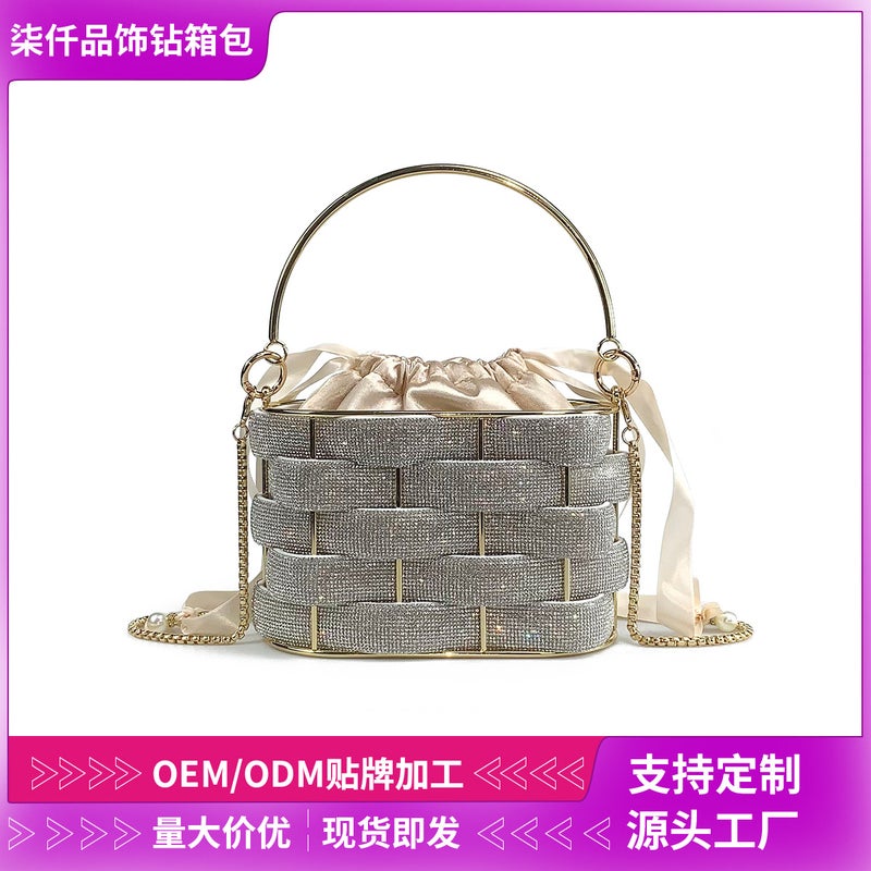 Bucket Bag Women'S Women'S Bag Portable Bird Cage Bag Woven Vegetable Basket Bag High-End Rhinestone Bag - Image 2