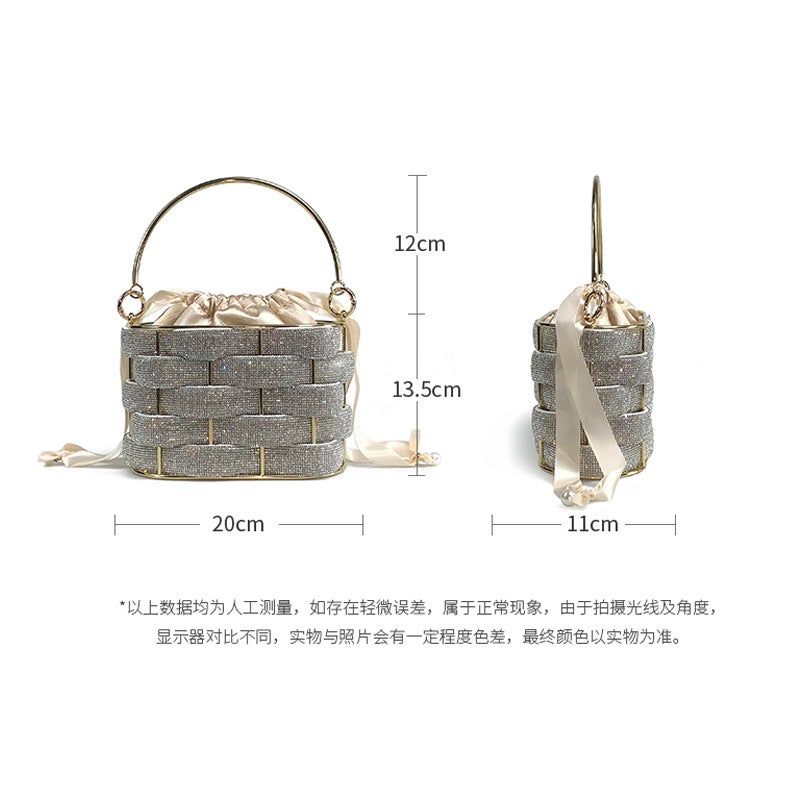 Bucket Bag Women'S Women'S Bag Portable Bird Cage Bag Woven Vegetable Basket Bag High-End Rhinestone Bag - Image 5